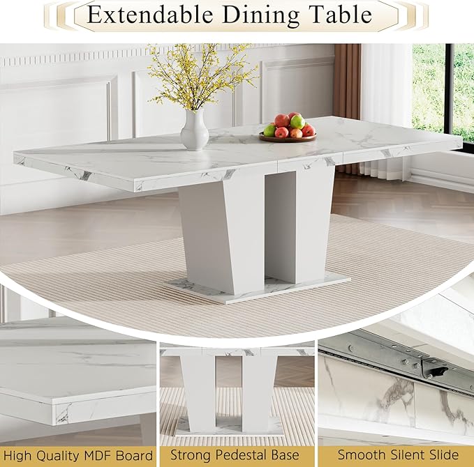 Goujxcy 9-Piece Extendable Dining Table Set for 6-8 People 63-78 Inch Kitchen Table Set with 8 Blue Upholstered Chairs Modern White Faux Marble Rectangular Dining Room Table Set for Kitchen Apartment