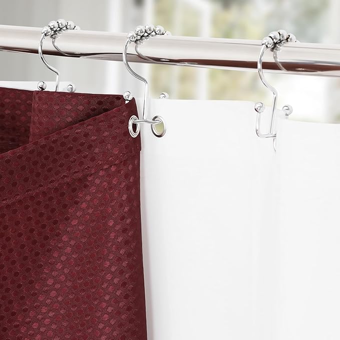 3 in 1 Shower Curtain Set, Burgundy Waffle Shower Curtain and PEVA Liner Set with 12 Stainless Steel Shower Curtain Hooks, Waterproof Fabric Shower Curtains for Bathroom, 72 W x 72 H