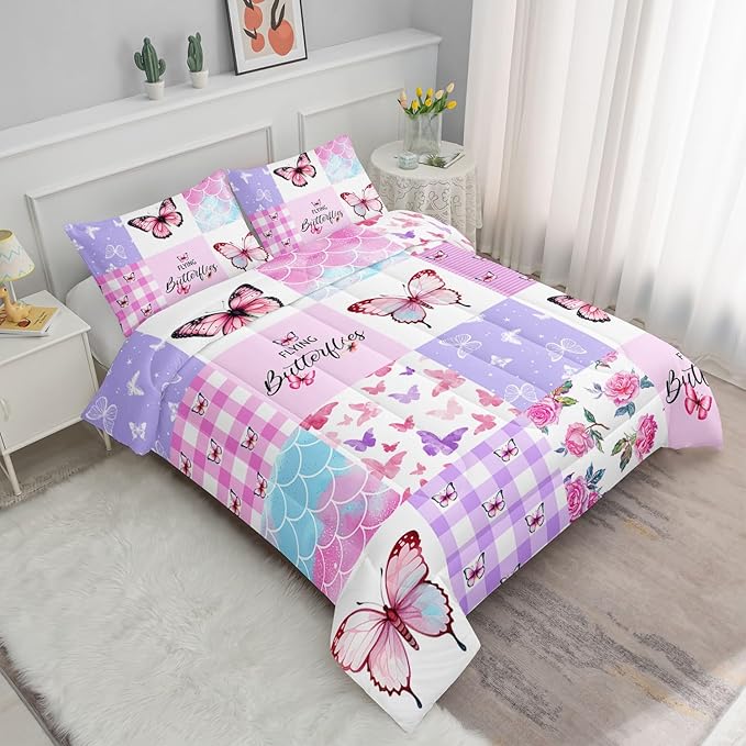 Kids Comforter Set Mermaid Scale Butterfly Printed Pattern Bedding Set with 1 Comforter and 2 Pillowcases for Girls Boys Bedroom All Season(Mermaid1 Queen)