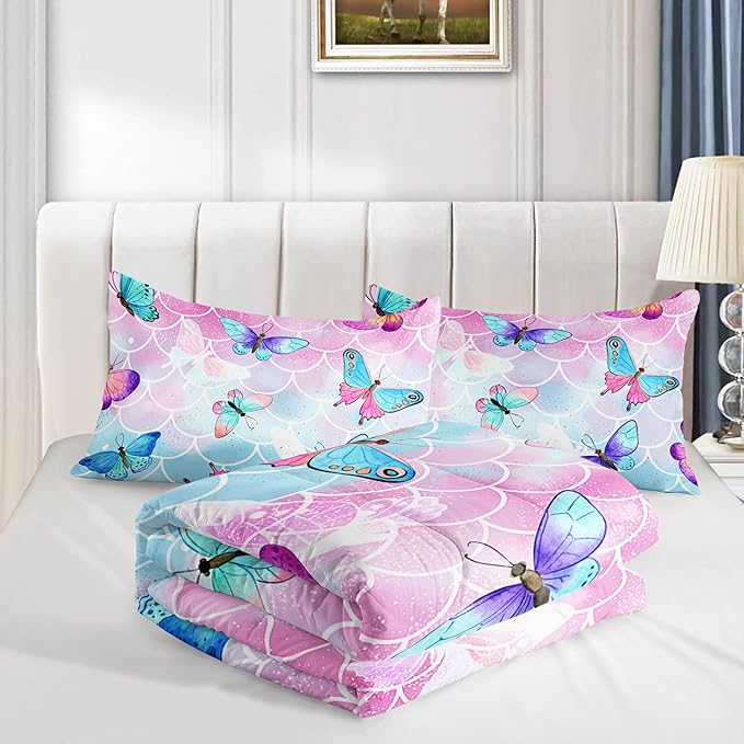 Kids Comforter Set Mermaid Scale Butterfly Printed Pattern Bedding Set with 1 Comforter and 2 Pillowcases for Girls Boys Bedroom All Season(Mermaid Full)
