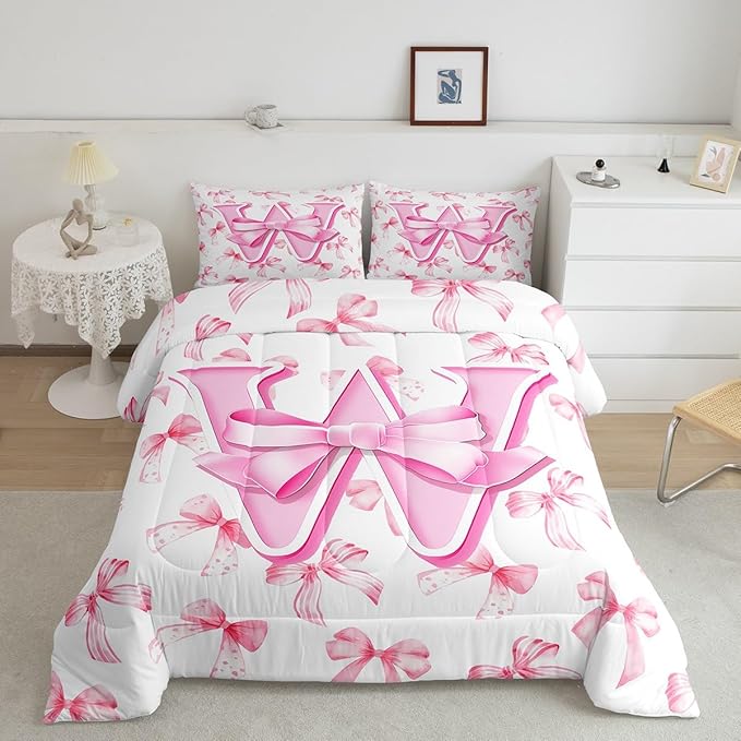 jejeloiu Kids Girls Cute Pink Bow Comforter Set Full Size Monogrammed Bedding Set Ultra Soft Personalized Initial W Duvet Quilt Coquette Bow Knot Quilt Set Room Decor Modern Fashion Comforter