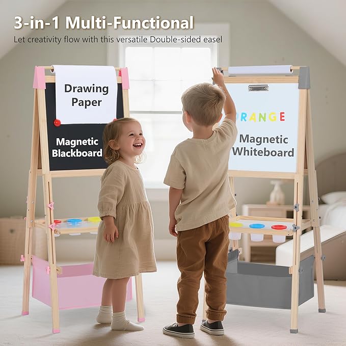Kinder King Wooden Kids Easel, 3 in 1 Adjustable Art Easel for Kids, Double-Sided Magnetic Whiteboard & Chalkboard, Paper Roller, Art Supplies, Coloring Drawing Easel Toddler Gift Ages 3+, Grey