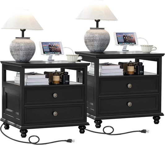 Farmhouse Nightstand Set of 2 with Charging Station, 24" Wide End Table with 2 Drawers,Wood Dresser for Bedroom,Black Bed Side Table Chest of Drawers Cabinet,Night Stand for Living Room