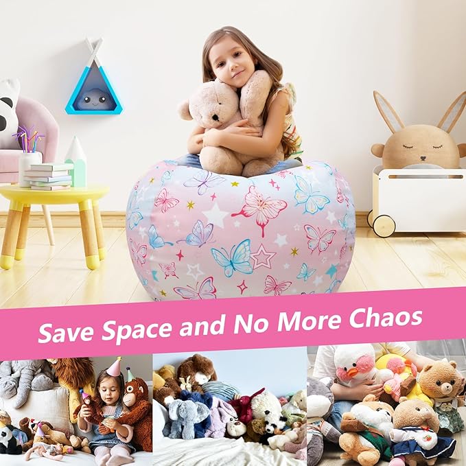 Bean Bag Chair for Kids Stuffed Animal Storage Beanbag Chairs,Toddler Toy Storage Organizer for Girls and Boys,32'' Cover Only（No Filling)