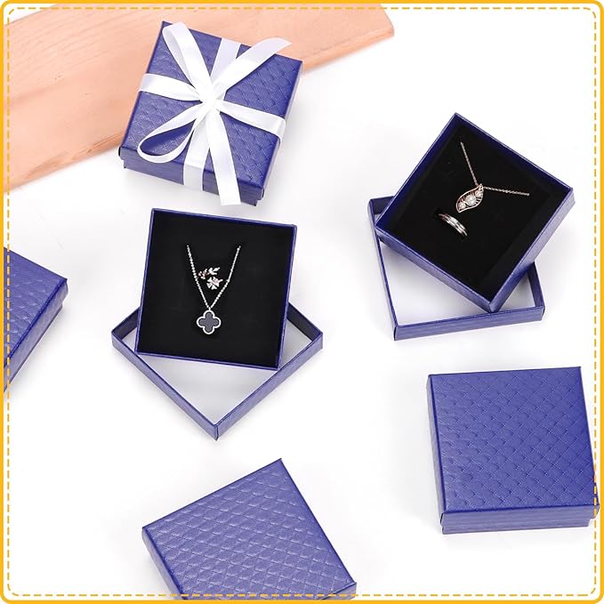Glarks 12pcs Dark Blue 9 x 9 x 3CM Jewelry Gift Boxes with Pink Scissors and 1.5 x 225CM White Polyester Ribbon Set, Diamond Pattern Necklace Earring Bracelet Boxes Gift Case Ideal