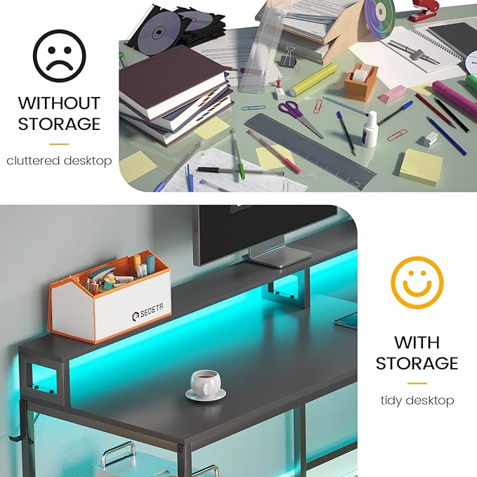 SEDETA L Shaped Gaming Desk, 66" Home Office Desk with File Drawer & Power Outlet, Corner Gaming Computer Desk with Led Lights, Monitor Shelf and Printer Storage Shelves, Two Person Desk, Black