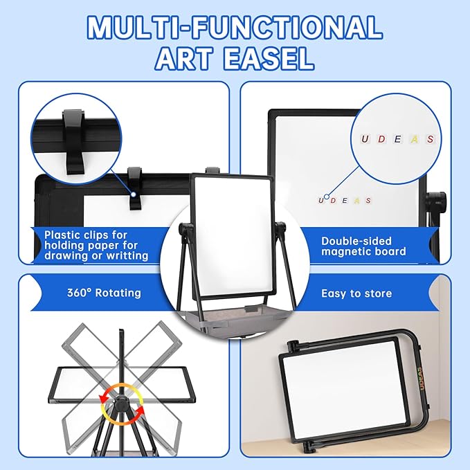Easel for Kids, Adjustable Standing Toddler Easel Magnetic Whiteboard & Chalkboard with 27inch-44inch Height, Double Sided 360°Rotating Kids Art Easel for Toddlers for Boys and Girls 3+