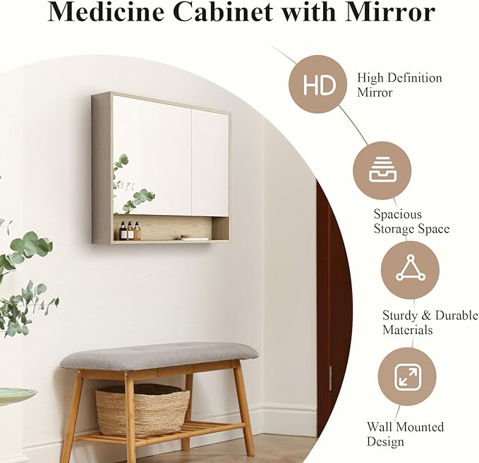 Bathroom Medicine Cabinet Mirror, 36" x 30" Bathroom Mirror with Storage, Medicine Cabinet Organizer with 2-Door for Laundry Room, Entryway