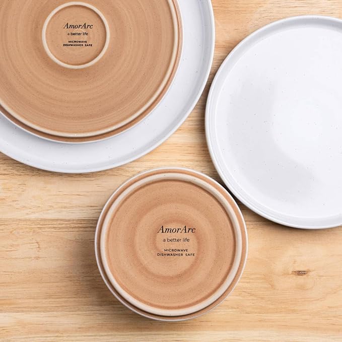 AmorArc Ceramic Dinnerware Set for 8 | Speckled Stoneware Plates and Bowls with Rustic Terracotta Underside| Scratch Resistant,Dishwasher & Microwave Safe Dishes Sets- 24pcs White