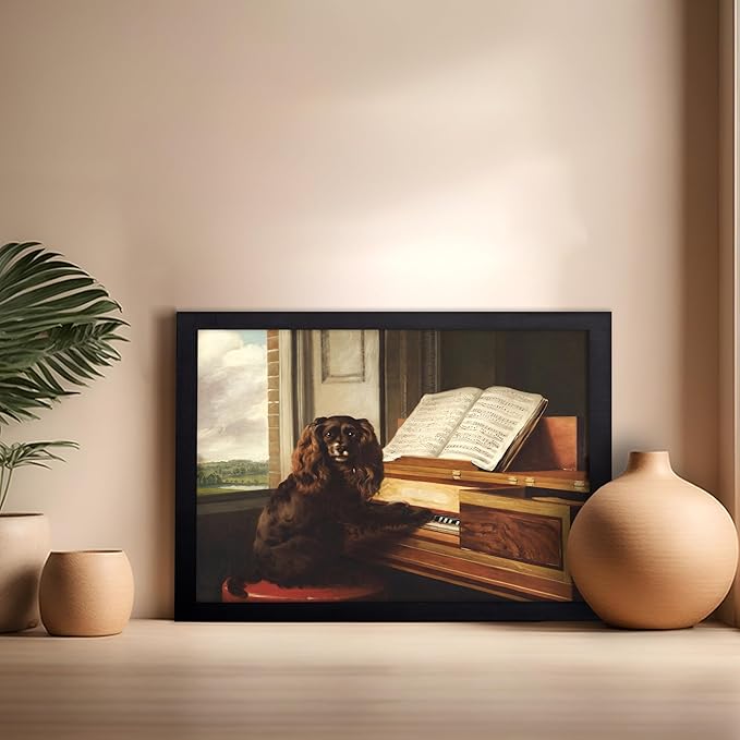 Poster Master Vintage Portrait of an Extraordinary Musical Dog Poster - Retro Dog Print - Puppy Art - Music Art - Piano Art - Animal Lover Art - Living Room or Office Decor, 16x20 Black Framed