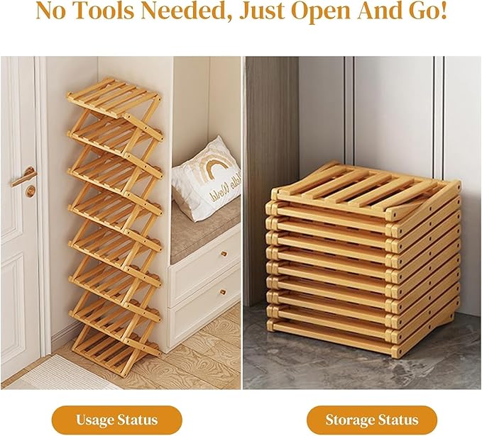 YYW Bamboo Shoe Rack for Entryway,Installation-Free and Foldable Vertical Shoe Storage Organizer,Free Standing Shoe Racks Shelf Closet Shoe Organizer for Living Room (Tawny-8 Layers)