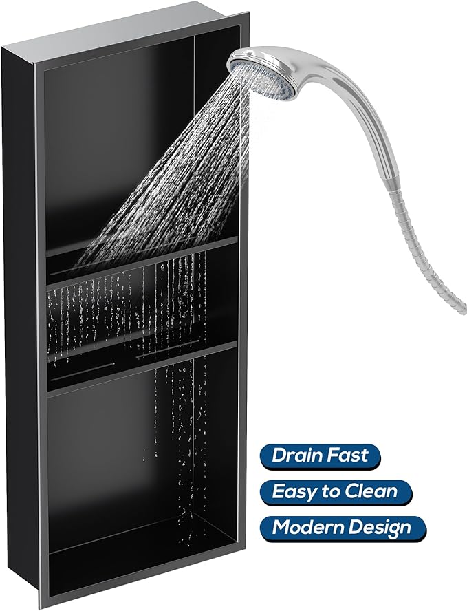 Stainless Steel Shower Niche 12" X 30", No Tile Needed Wall Niche Three-Tiers, Recessed Shower Shelf for Bathroom Storage, Matte Black