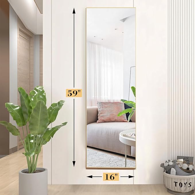 OLIXIS Full Length Mirror 59"x16" for Bedroom, Full Body Mirror with Stand, Hanging or Leaning for Wall, Aluminum Alloy Thin Frame Floor Standing for Living Room, Long, Classical Gold