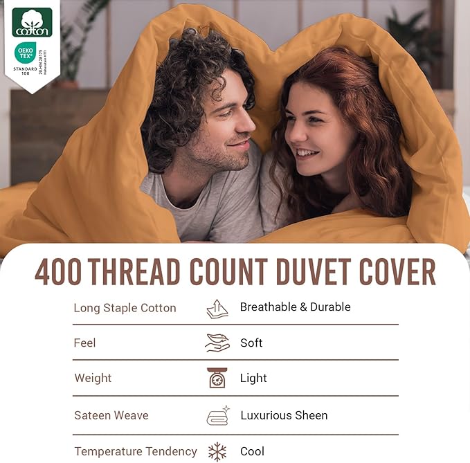 Pizuna Pure 100% Cotton King Duvet Cover Set, Luxurious 400 Thread Count Long Staple Cotton Sateen Weave with Button Closure (Combed Apricot Orange Cotton Duvet Cover King)