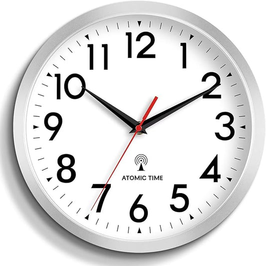 Atomic Wall Clock Analog 10 Inch Battery Operated Modern Decorative for Living Room Kitchen Office Bedroom Bathroom(Silver)