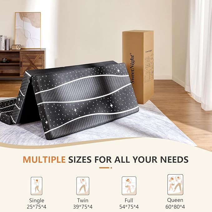 Sweetnight Tri-fold Mattress - 4 Inch Dual-Layer Foam Folding Mattress | Removable & Washable 500G Superfine Fiber Cover | Suitable for Camping, RV & Home Use （Single）