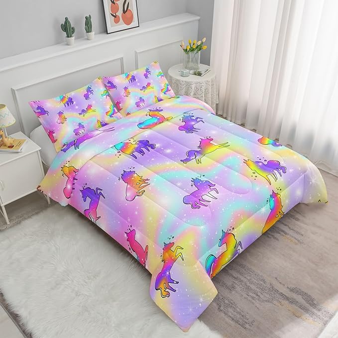 Unicorn Rainbow Comforter Bedding Set for Girls Kids Children Teens,Sky Glitter Star Colorful Bedding Set with 1 Comforter and 2 Pillowcases(Unicorn3 Full)