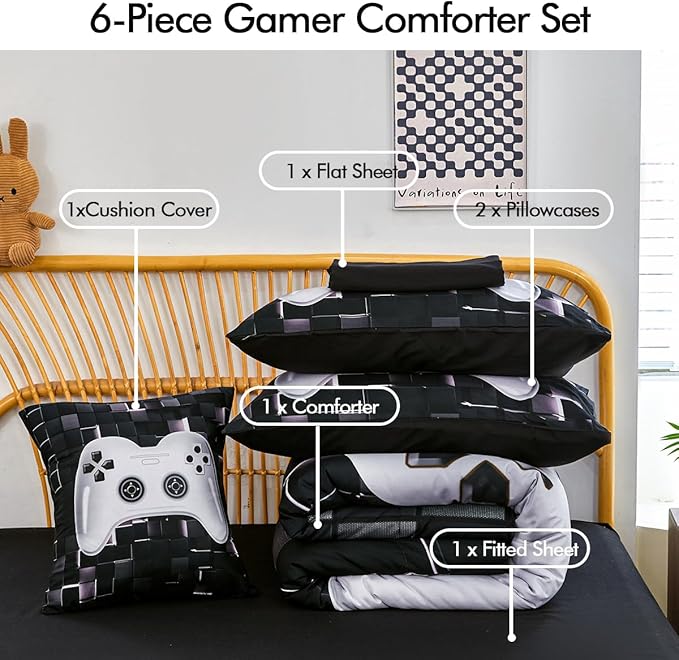 PERFEMET 6 Pieces Bed in A Bag Gamer Comforter Set Queen Size-Black White Game Console Bedding Set for Boys Girls-Soft Comfy 3D Cool Video Game Kids Bed Set(White, Queen)