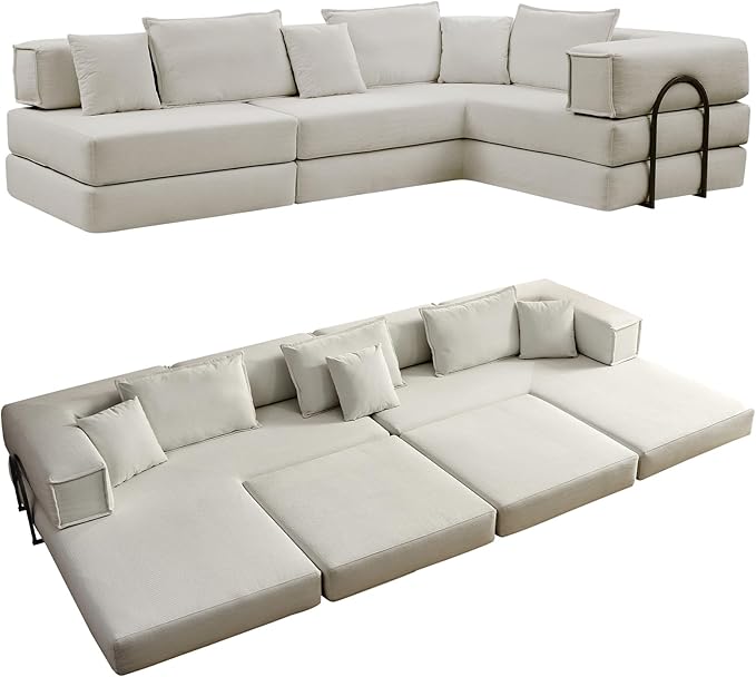 Rovibek 118" 5-in-1 Memory Foam Boneless Sectional Couch, Modular Convertible Sleeper Sofa Bed, Full Size No Assembly Required DIY Combination, Oversized Lazy Sofa with Fixed Frame Beige