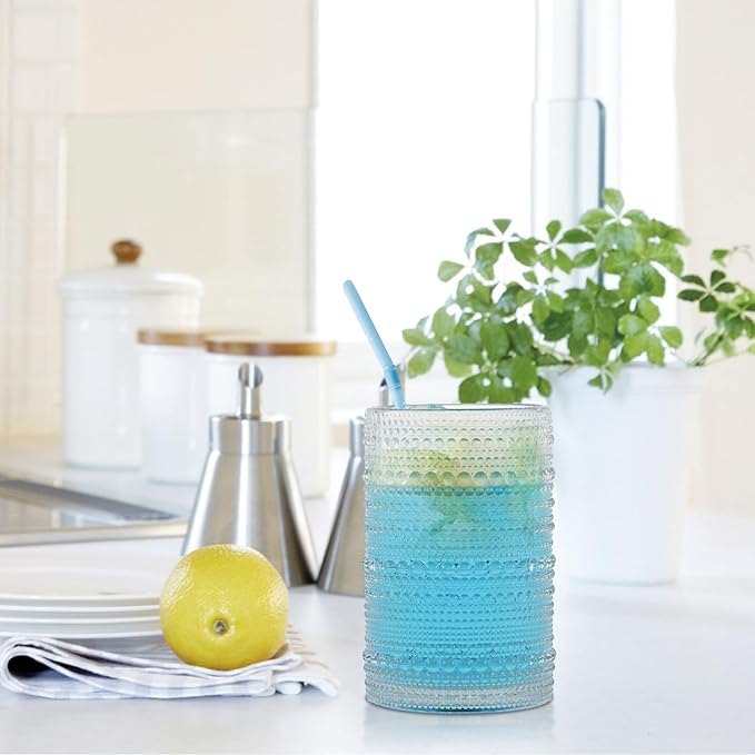Hobnail Drinking Glasses Set of 6, Vintage Colored Glassware 14.5oz, Tall Beverage Glass Cups for Water, Juice, Cocktail (Clear)