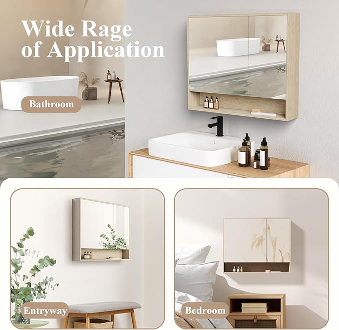 Bathroom Medicine Cabinet Mirror, 36" x 30" Bathroom Mirror with Storage, Medicine Cabinet Organizer with 2-Door for Laundry Room, Entryway