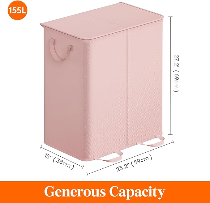 Lifewit Double Laundry Hamper with Lid and Removable Laundry Bags, Large Collapsible 2 Dividers Dirty Clothes Basket with Handles for Bedroom, Laundry Room, Closet, Bathroom, College, 155L Pink