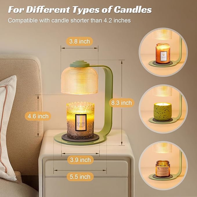 Candle Warmer Lamp with Clear Glass Globe and Timer & Dimmable Light - Jar Candle Melter Green Minimalist Metal Frame, Home Decor Gift Set (Includes 2 Bulbs)