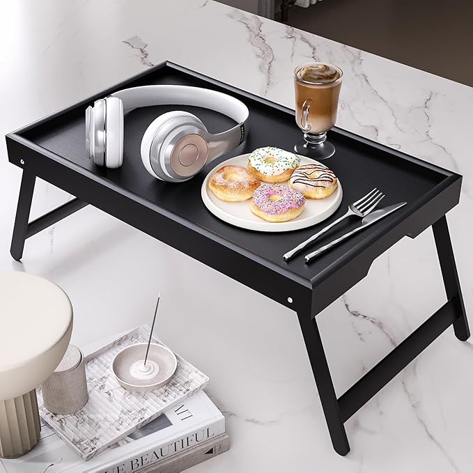 Bamboo Bed Tray Table with Foldable Legs Breakfast Tray, Lightweight Laptop Desk for Eating, Reading, Working in Bed or Sofa – Portable Lap Desk with Handles, Perfect for Home - Black
