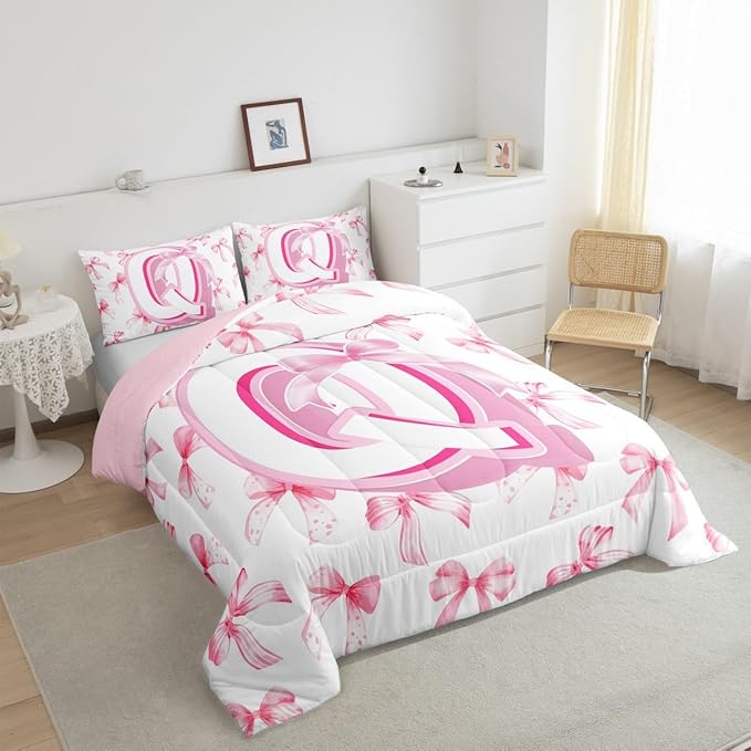 jejeloiu Kids Girls Cute Pink Bow Comforter Set Toddler Size Monogrammed Bedding Set Ultra Soft Personalized Initial Duvet Quilt Coquette Bow Knot Quilt Set Room Decor Modern Fashion Comforter