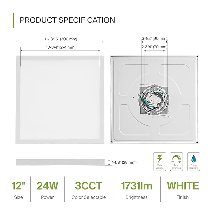 ASD LED 12" Square Flush Mount Ceiling Light Fixture, Low Profile Surface Lighting | 5CCT, Dimmable, Ultra-Thin, ETL Listed | 24W 1700LM 2700-6000K 120V | Kitchen, Hallway Lamp | White, 4 Pack