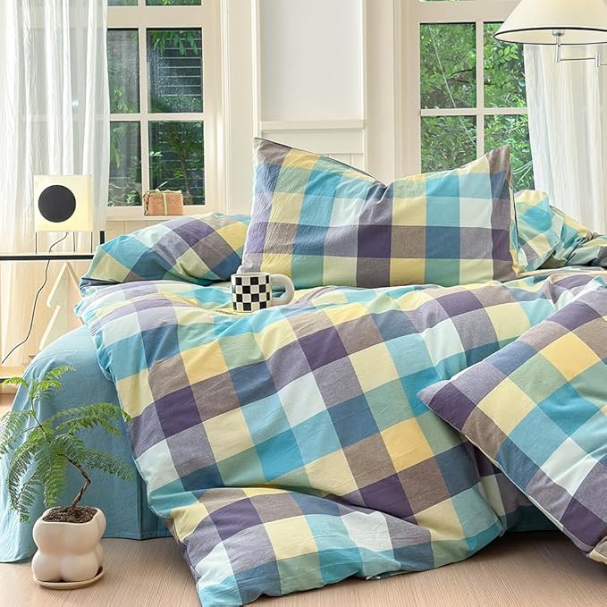 FACE TWO FACE Bedding Duvet Cover Set100% Washed Cotton Duvet Cover Linen Like Textured Breathable Durable Soft Comfy (California King, Yunxi Blue)