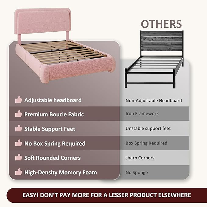 Twin Boucle Platform Bed Frame with Height Adjustable Headboard, Modern Upholstered Cloud Bed, Sleek Curved Design, No Box Spring Needed, Easy Assembly, Noise Free, Pink