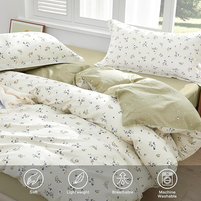 SAPHREAS Botanical Purple Flower Duvet Cover Set King Size 3pcs Blossom Floral White Bedding Comforter Cover Set 100% Cotton 1 Duvet Cover 104"x90" 2 Pillow Shams, Comforter Not Included