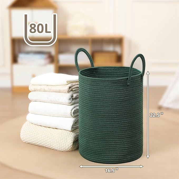 80L Large Woven Laundry Basket Hamper, 100% Natural Cotton Rope, Handwoven & Durable, Storage for Blankets, Toys, Clothes, Decorative Nursery Hamper for Living Room, Baby Room, Bedroom (Dark Green)