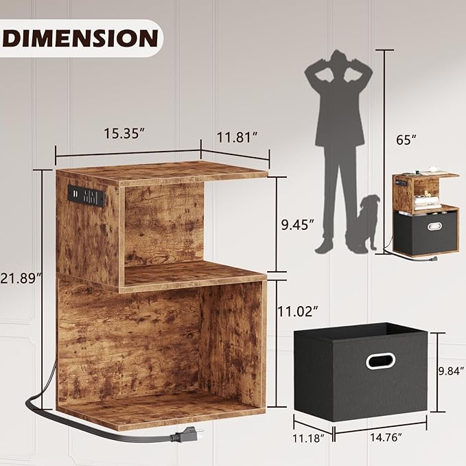 Furologee Nightstand with Charging Station and Drawer, 3 Tier End Table with Open Shelf, Wood S Shaped Bedside Table with Storage for Living Room/Bedroom/Small Space, Rustic Brown