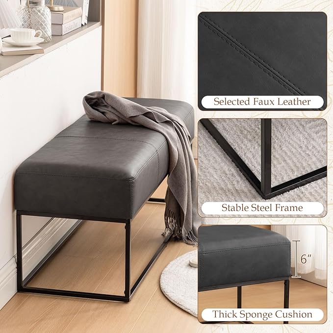 Entryway Bench for Bedroom End of Bed, Modern Ottoman with Faux Leather Upholstered Seating, Metal Frame Leather Bench for Bedroom Living Room Entryway [47'', Vintage Black]