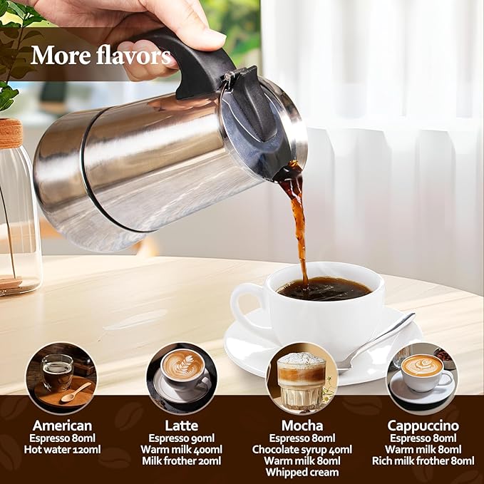 2 Cup Moka Pot Percolator Italian Coffee Maker 100ml Stovetop Espresso Mocha Stainless Steel Greca Coffee Maker Classic Cafe Makers Suitable for Induction Cookers Ceramic Stoves Tummy
