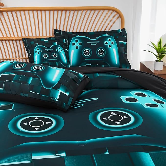 PERFEMET 6-Piece Boys Gamer Comforter Set Queen Size Teal Blue Video Game Controller Bedding Set with Sheets Lightweight 3D Black Gaming Pattern Bed in a Bag for Kids Teen(Teal, Queen)