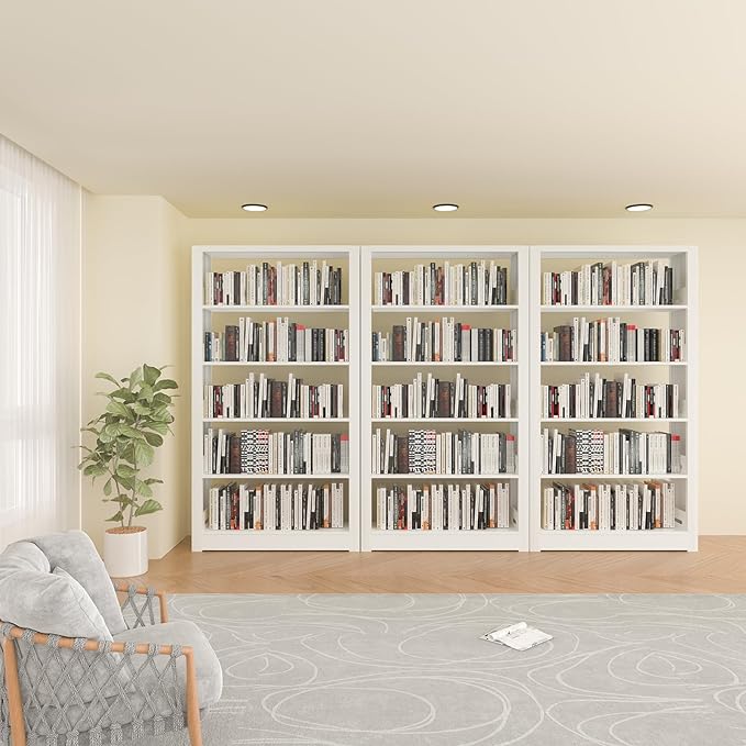 5-Tier Bookshelf, White Bookshelf with Adjustable Storage Shelves, Metal Bookshelf, 69" Tall Bookcase for Living Room, Library, Office, Bedroom, Including Book Stopper，36" Wide Bookshelves