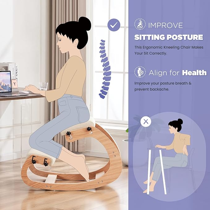 Ergonomic Kneeling Chair,Adjustable Rocking Knee Chair for Home Office,Wooden Office Chair for Back Pain Relief, Beige