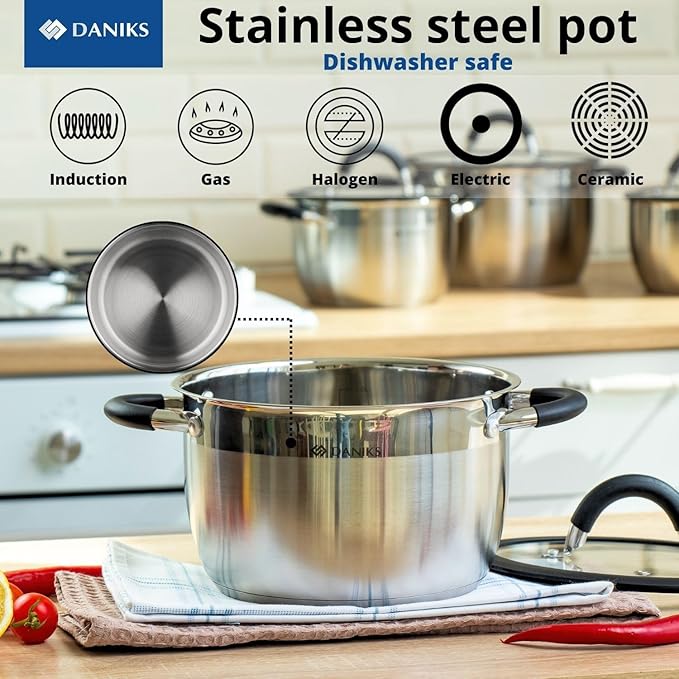 Daniks Orlando Frying Pan With Lid Included, 11-Piece Stainless Steel Induction Cookware Set, Dishwasher Safe, Glass Lids, Heatproof Handles, Measuring Scale, Silver