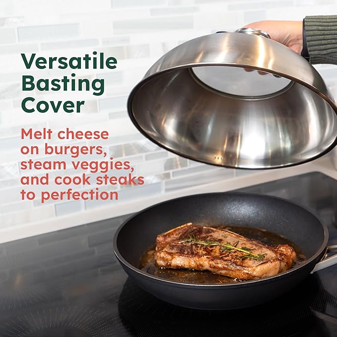 Melting Dome with Thermometer & Glass Top – 12-inch Stainless Steel Griddle Dome - Basting Cover with Steam Vent – Perfect for BBQ, Grilling, Cheese Melting & Family Cooking – 700°F