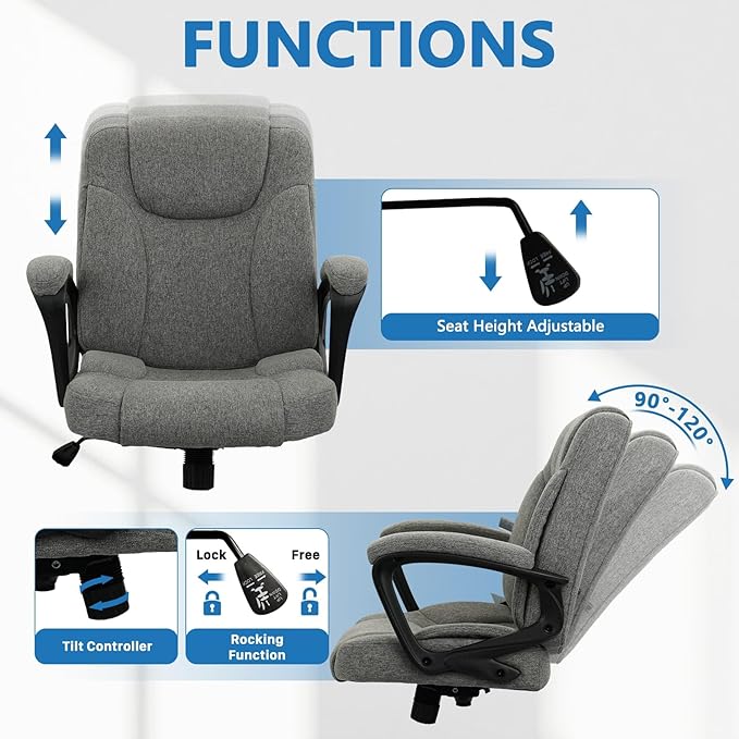 CLATINA Fabric Home Office Chair Linen Cloth Ergonomic Swivel Desk Chair with Padded Armrests, Adjustable Height Swivel Rolling Computer Task Chairs for Work, Conference, Study, Grey