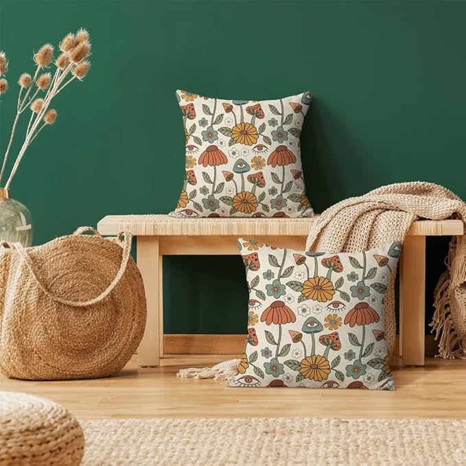 BETGINY Boho Throw Pillow Covers 16x16 Set of 2, Yellow Orange Fun Cute Mushrooms Retro Decorative Outdoor Pillow Covers 70s Vintage Floral Linen Farmhouse for Couch Sofa Summer Home Decor