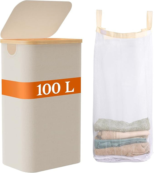 Laundry Hamper with Lid, Large Tall Clothes Basket Bin with Bamboo Handles, Collapsible Laundry Hamper for Bedroom, Bathroom, Dorm, Laundry Room, 100L Beige