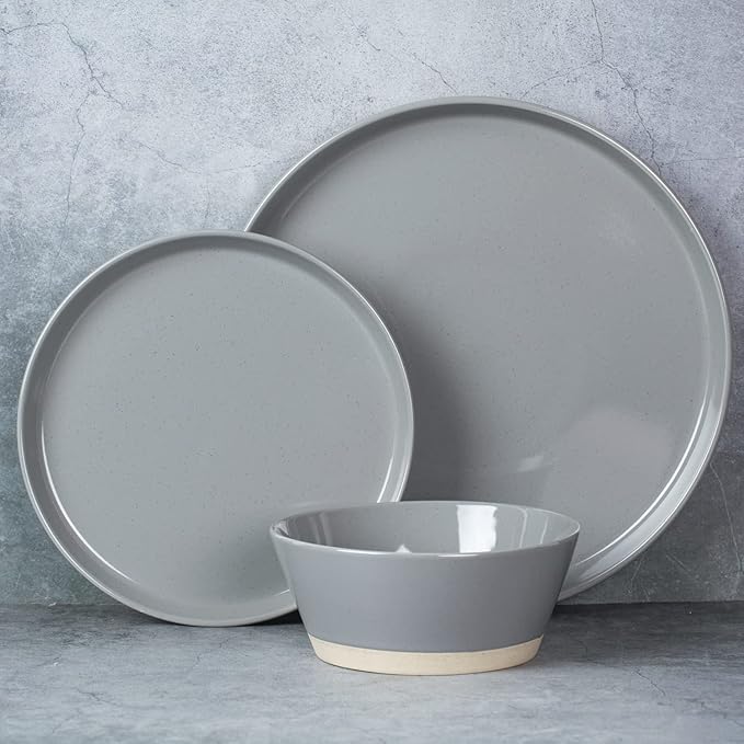 Famiware Saturn Speckled Dinnerware Sets for 4 (12 Pieces), Stoneware Plates and Bowls Dish Set - Chip and Scratch Resistant, Microwave and Dishwasher Safe, Dark Gray