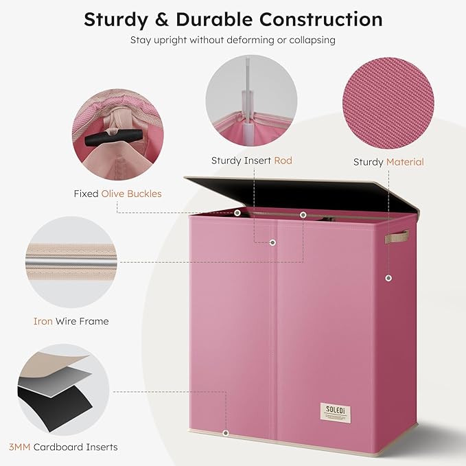 SOLEDI Large Double Laundry Hamper with Lid, Collapsible Clothes Hamper 2 section with Removable Bags, Space-Saving Laundry Basket for Bedroom, Dorm, College