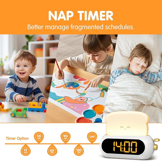 Kids Alarm Clocks for Bedroom, Cute Digital Clock with Night Light, 10 Ringtones, 10 Volumes, Nap Timer, Brightness Dimmer, Snooze, Bedside Alarm Clocks for Boys Girls Teens Birthday Gift, Plug-in Use