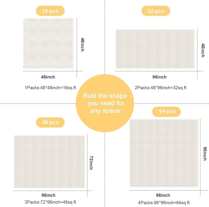 Shihanee 16 Pcs Foam Floor Baby Tiles 11.81 x 11.81 inches Foam Floor Mats Play Mats Bulk with Borders Interlocking for Kids Baby Playroom Nursery Gym（White）