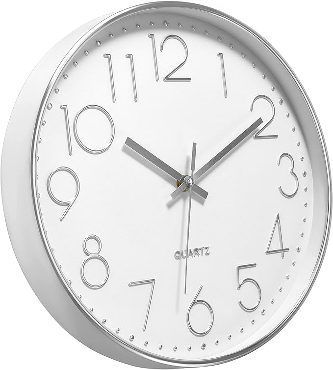 Foxtop 14 Inch Large Silver Wall Clock Silent Non-Ticking Battery Operated Round Quartz Modern Wall Clock Decorative for Living Room Bedroom Kitchen Home Office